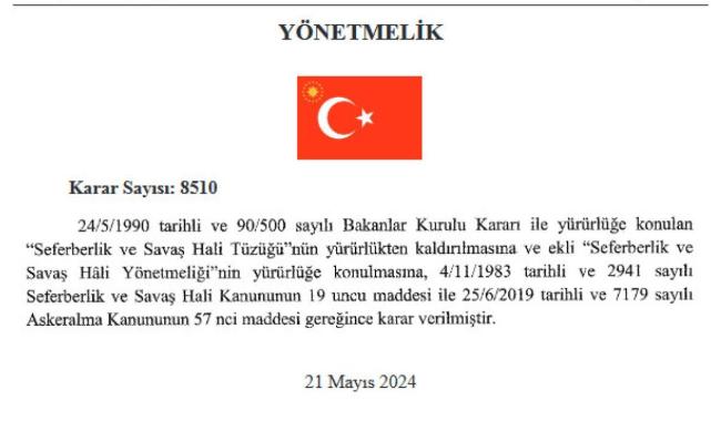 Seferberlik ve Savaş Hali Yönetmeliği Resmi Gazete'de