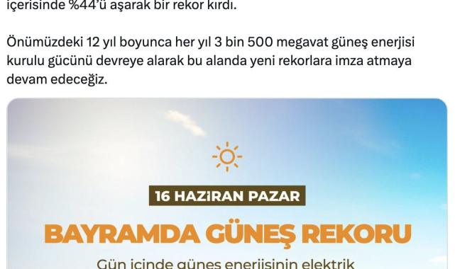 Alparslan Bayraktar: Bayramın ilk günü güneş enerjisinin elektrik üretimindeki payı rekor kırdı