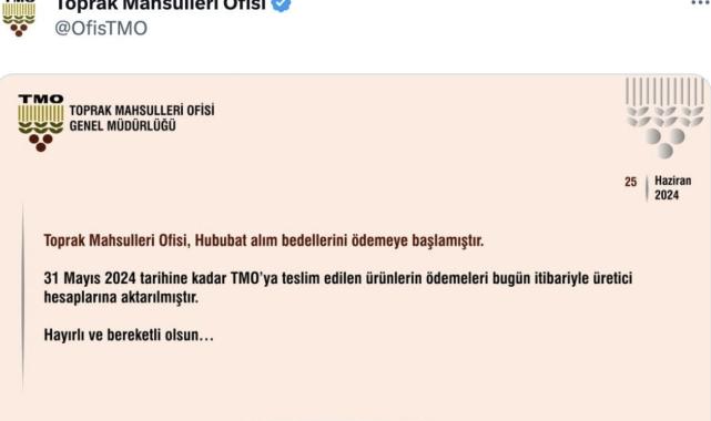 TMO: Hububat alım bedelleri üreticilerin hesaplarına aktarıldı