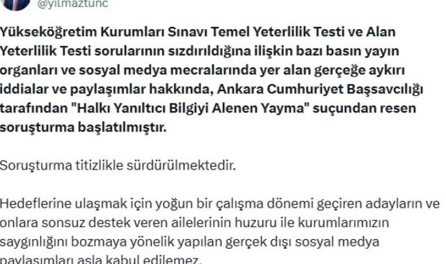 Yılmaz Tunç'tan YKS iddialarına ilişkin açıklama