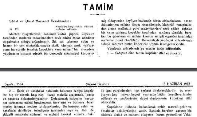 1932 yılında başıboş köpekler için Resmi Gazete'de yayınlanan karar