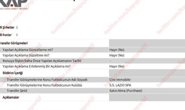 Beşiktaş, Immobile'yi KAP'a açıkladı