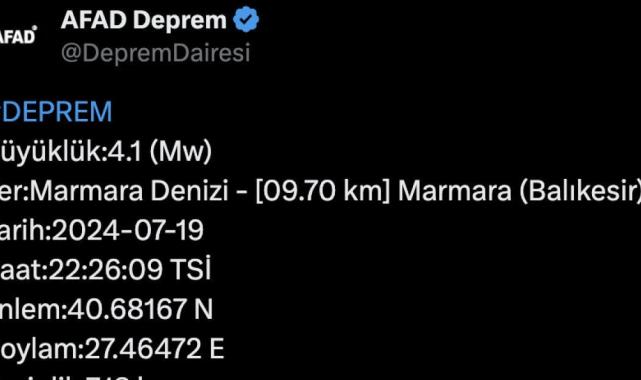 Marmara Denizi'nde İstanbul'dan da hissedilen 4.1 büyüklüğünde deprem