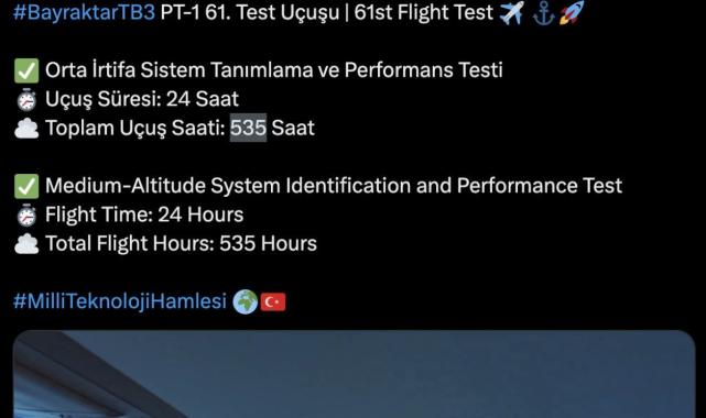 Uçuş süresi 535 saate ulaşan Bayraktar TB3 bir testi daha başarıyla tamamladı