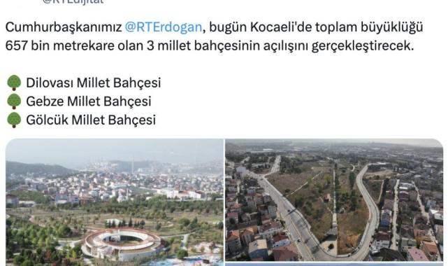 Cumhurbaşkanı Erdoğan, Kocaeli'de 3 millet bahçesinin açılışını yapacak