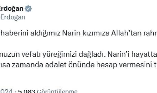 Emine Erdoğan'dan Narin Güran için taziye mesajı