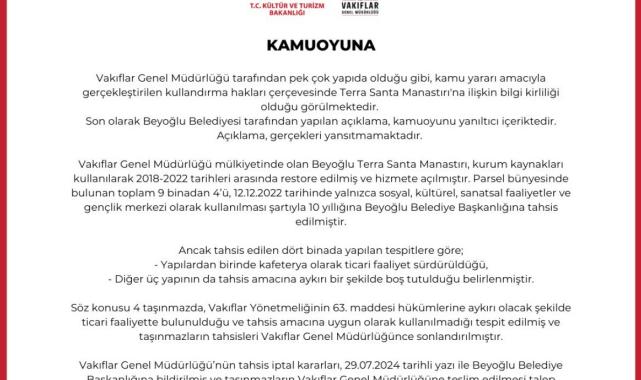 Vakıflar Genel Müdürlüğü'nden Terra Santa Manastırı açıklaması