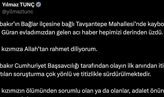 Yılmaz Tunç: Narin'in ölümünden sorumlu olanlar hesap verecek