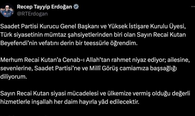 Cumhurbaşkanı Erdoğan'dan Recai Kutan için taziye mesajı