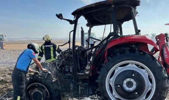 Karaman'da tarlayı süren traktör alev aldı