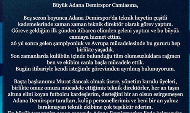 Adana Demirspor'da Serkan Damla dönemi sona erdi