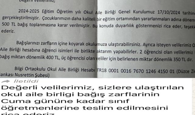 Düzce'de okulda zorunlu bağışa veli tepkisi