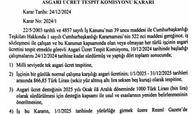 Asgari Ücret Tespit Komisyonu kararı Resmi Gazete’de