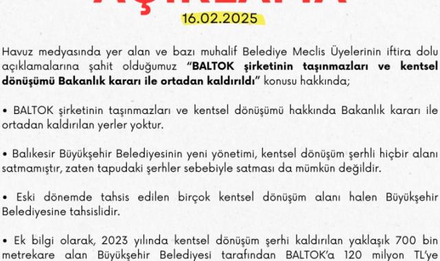 Balıkesir Büyükşehir'den BALTOK iddialarına yanıt