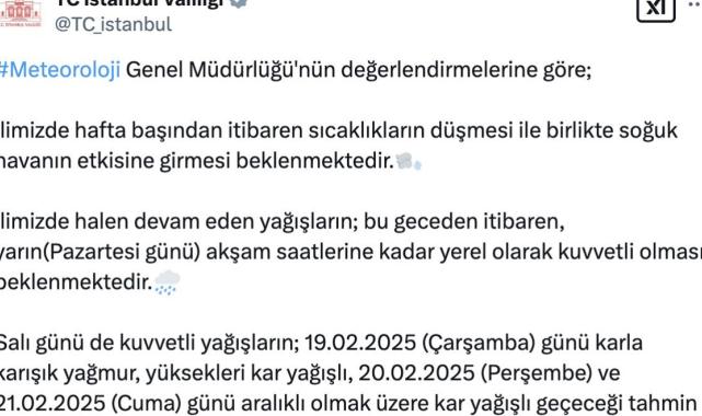İstanbul Valiliği'nden Meteoroloji ve soğuk hava uyarısı
