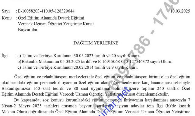 MEB tarafından Özel Eğitim Alanında Destek Eğitimi Verecek Uzman Öğretici Yetiştirme Kursu Düzenlenecek