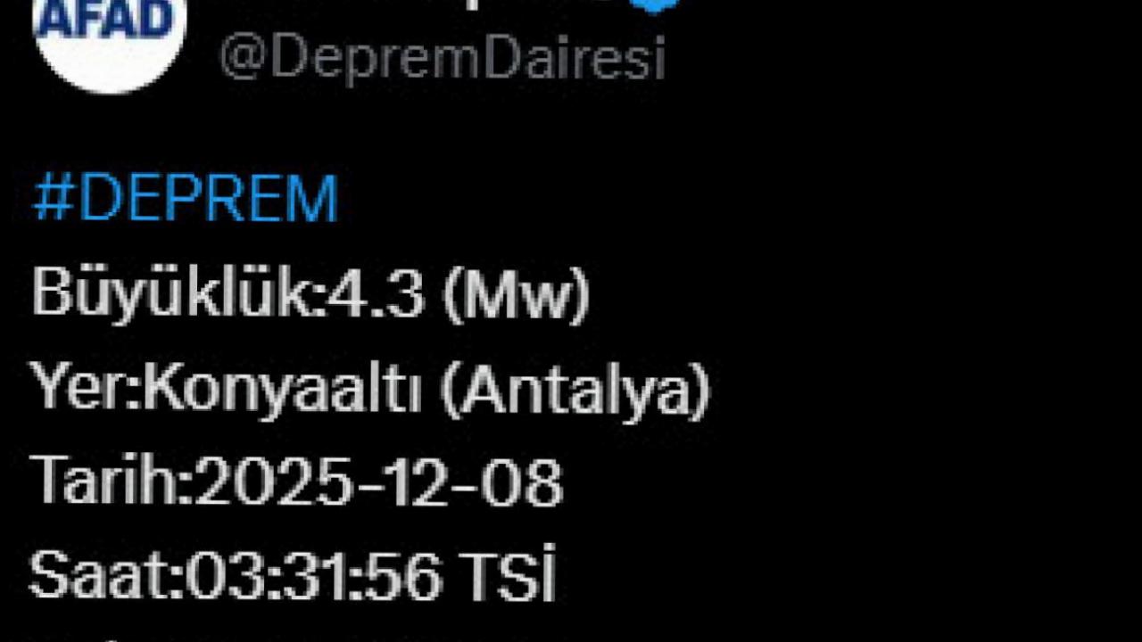 Antalya'da 4.3 büyüklüğünde deprem