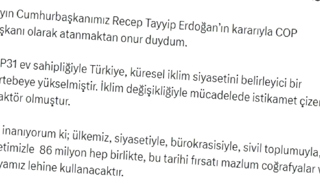 Bakan Kurum: COP Başkanı olarak atanmaktan onur duydum