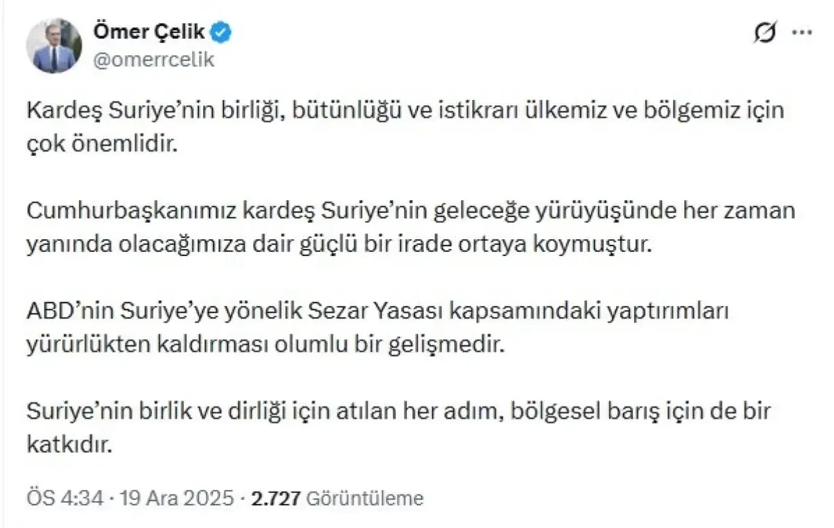 Çelik'ten ABD'nin Yaptırımlarına Yorum