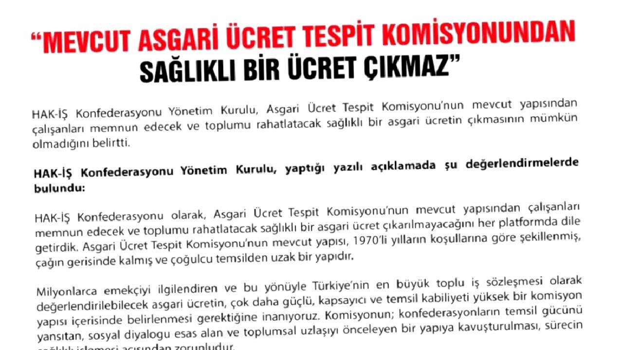 HAK-İŞ'ten Asgari Ücret Açıklaması