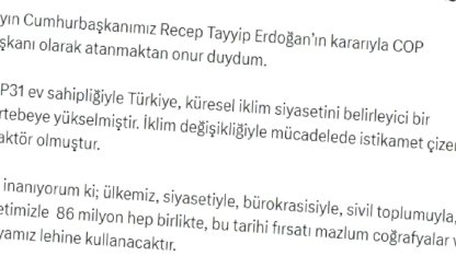 Bakan Kurum: COP Başkanı olarak atanmaktan onur duydum
