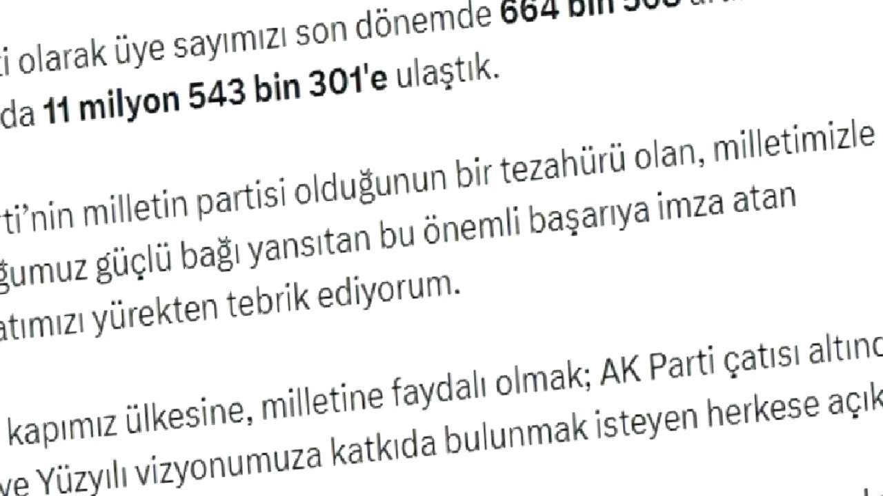 Cumhurbaşkanı Erdoğan: AK Parti üye sayısı 11 milyon 543 bin 301'e ulaştı
