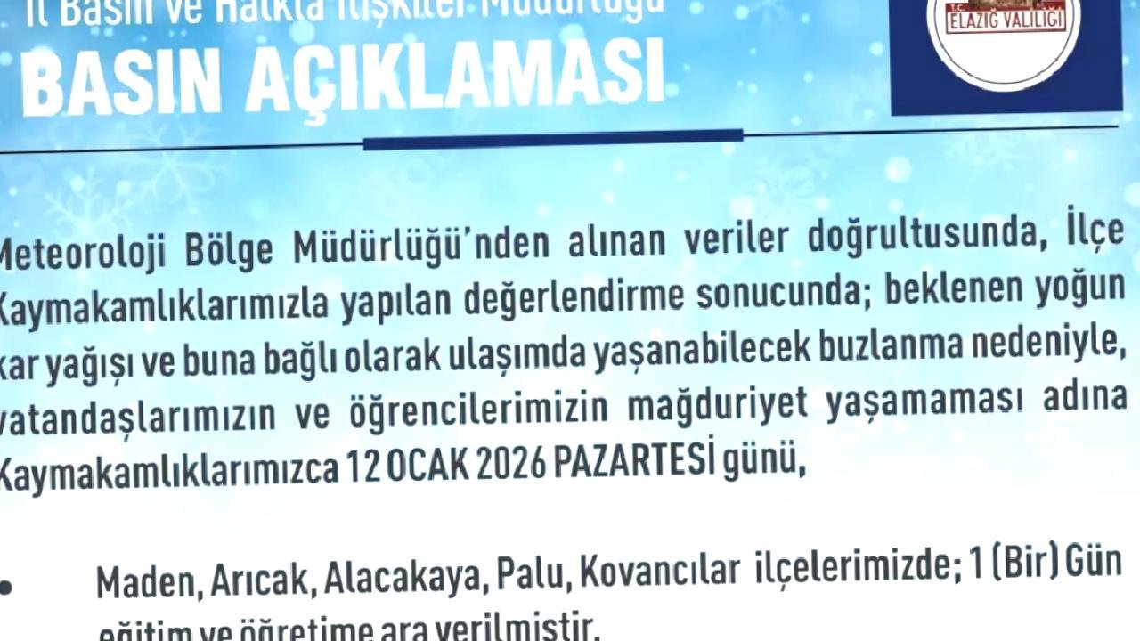 Elazığ'da Kar Nedeniyle Eğitim Ara Verildi