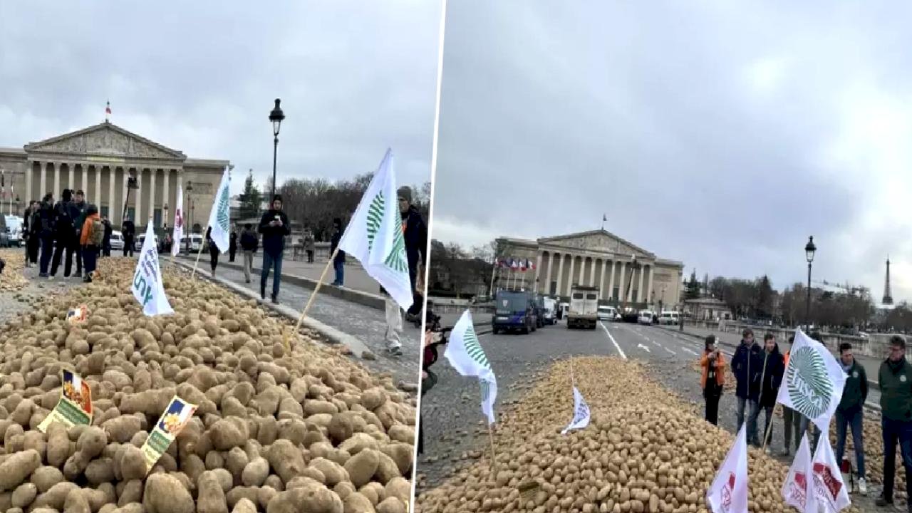 Fransa'da çiftçilerden sert protesto: Meclisin önüne 30 ton patates döktüler