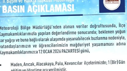 Elazığ'da Kar Nedeniyle Eğitim Ara Verildi