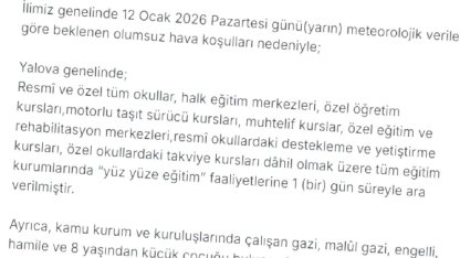Yalova'da Eğitim 1 Gün Tatil