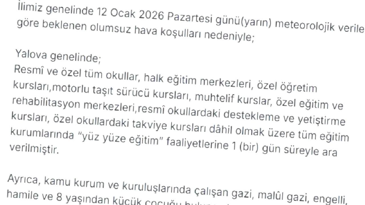 Yalova'da Eğitim 1 Gün Tatil