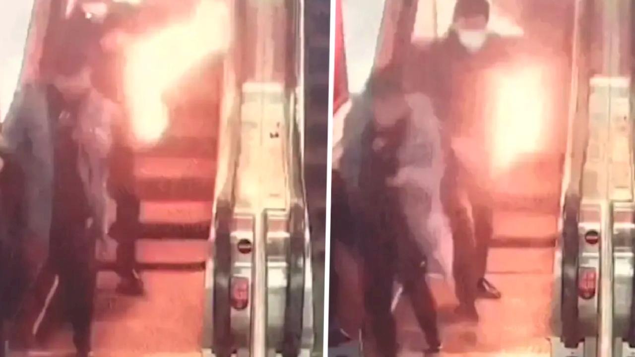 Yürüyen merdivenden alev saçarak indi