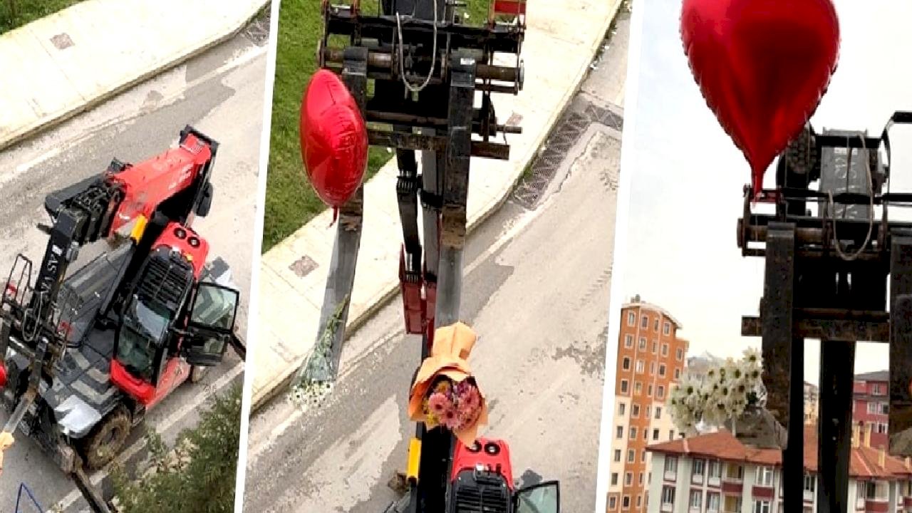 Edirne'de sevgililer gününü unutan adamdan iş makineli jest