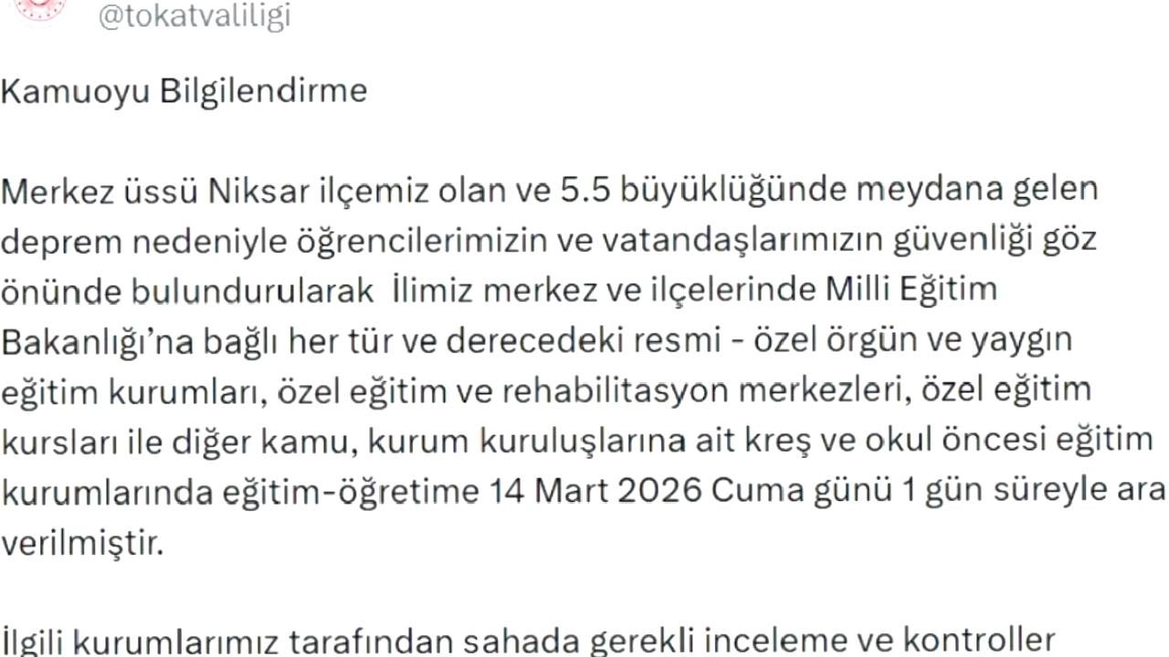 Tokat'ta Eğitime Ara Verildi