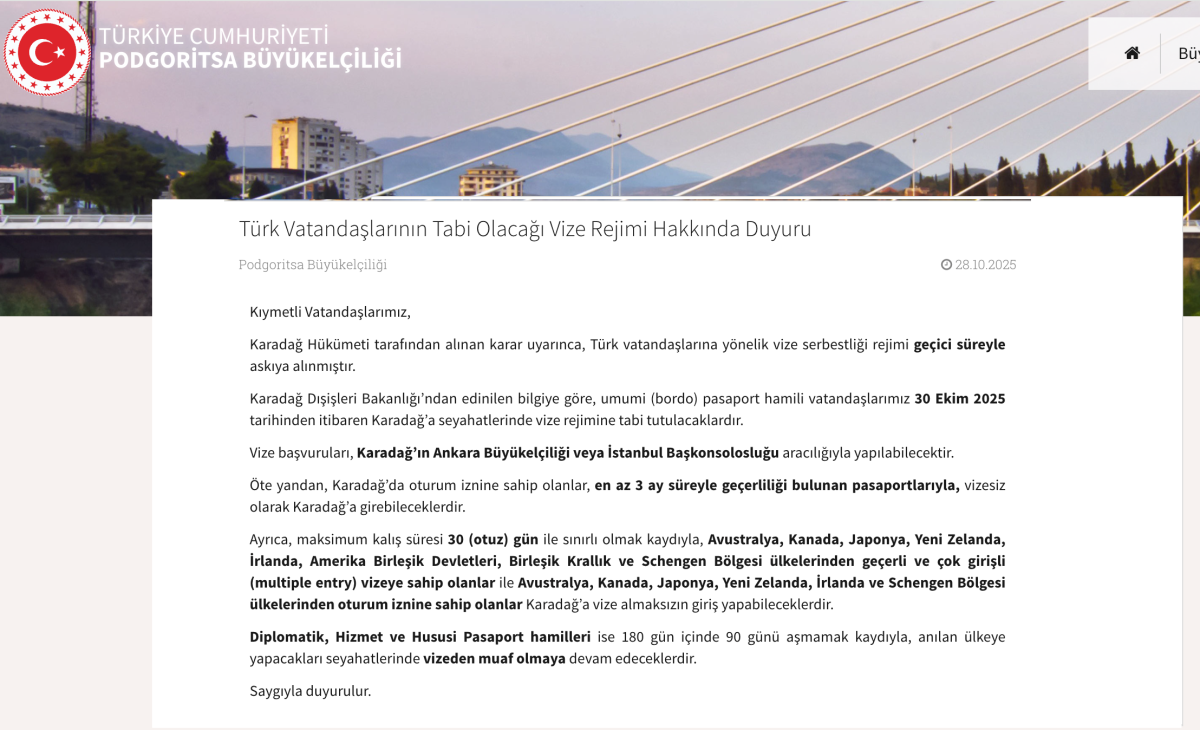 Karadağ, Türk Vatandaşlarına Vize Zorunluluğu Getirdi: Karar 30 Ekim’de Yürürlüğe Giriyor