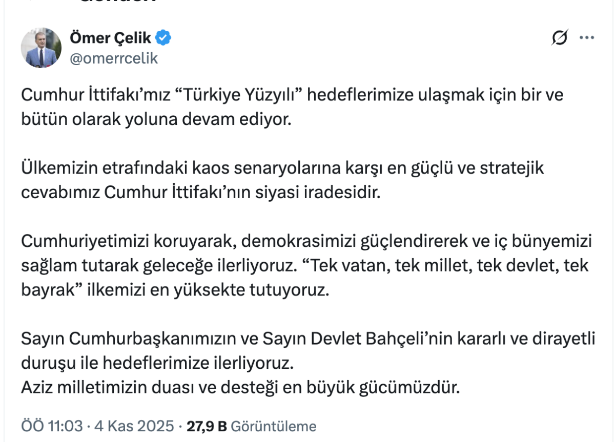 Ömer Çelik: Cumhur İttifakı, Türkiye Yüzyılı hedeflerine emin adımlarla ilerliyor
